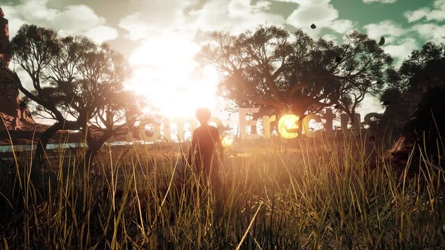 Homo erectus ancestors walking through tall grass in the morning sun, human evolution history and early human species in Africa.