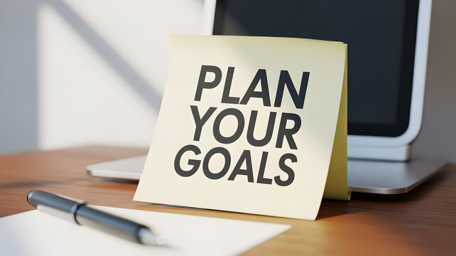 A motivational reminder to plan your goals on a desk with a laptop and pen