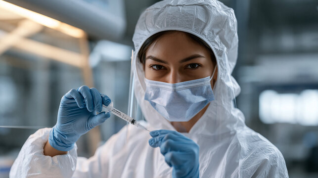 Pharmacy compounding technician in full protective gear and face shield carefully draws sterile solution into labeled syringe inside negative pressure cleanroom IV preparation suite, laminar airflow
