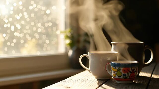 Steaming hot beverages in porcelain cups on wooden windowsill. Morning sunlight with bokeh effect through window. Potted plant decoration in cozy interior setup for relaxation and wellness concept