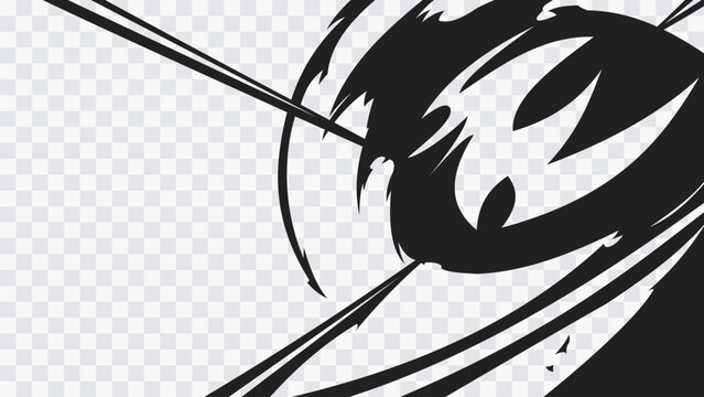 Abstract manga swirl effect isolated on transparent background. Dynamic black circular motion with sharp speed lines and energy flow for comic action design.