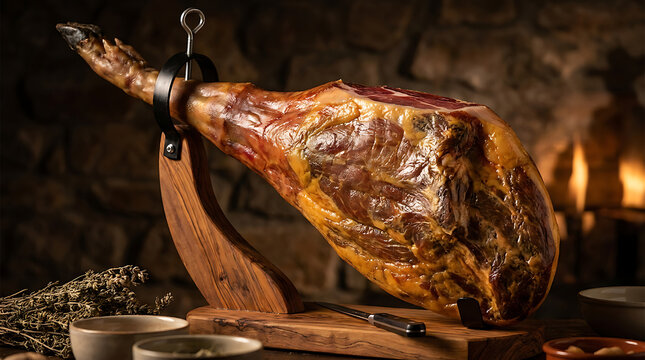Traditional Cured Ham Leg on a Wooden Stand in a Rustic Interior with Fireplace