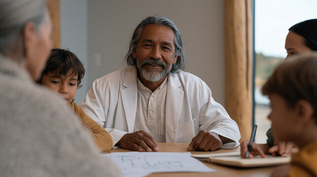 Genomics counselor presents inherited cardiac risk findings to a multigenerational family seated in a soft-lit consultation room, laminated pathway diagrams and annotated ancestry variant charts spr