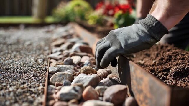 Gardening work with hands in gloves shaping soil and placing stones in a garden border during daytime