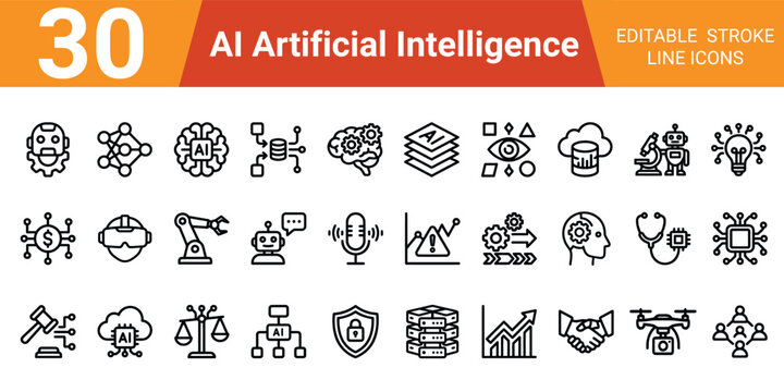 Ai artificial intelligence editable stroke line vector icon set 