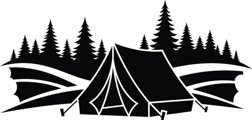 Summer camping silhouette tent and forest scene isolated on transparent background for outdoor adventure graphics © Faozia_Akter_Tasnim