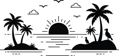 Tropical summer sunset silhouette palm trees birds and island scene isolated on transparent background © Faozia_Akter_Tasnim