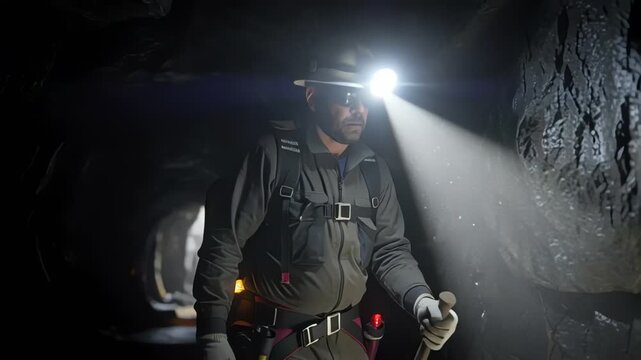 Silhouetted miner inside underground mining tunnel with helmet light beam cutting through dust and tense atmosphere