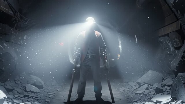 Silhouetted miner holding pickaxe inside dark underground tunnel with helmet lamp piercing dusty rocky mining atmosphere