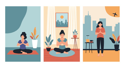 Fototapeta premium Three vertical banners depicting women practicing yoga in different environments including home, urban cityscape, and nature settings.