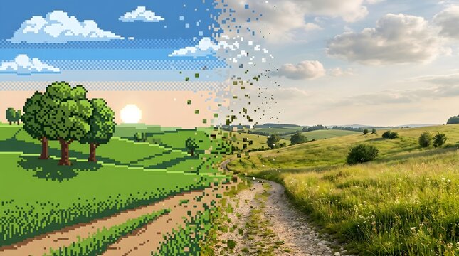 Countryside landscape transitioning from 8-bit pixel art on left to hyperrealistic photography on right through dissolving pixel boundary, surreal virtual to real concept cinematic