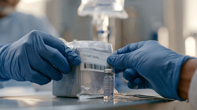 Close up of hands in blue nitrile gloves carefully affixing patient name label to clear IV bag containing prepared antibiotic infusion inside sterile preparation hood, vial and transfer needle visib