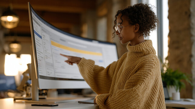 Checkout flow UI mockup on an oversized monitor in a standing desk office setup, development team member pointing at a cart abandonment error highlighted in the interface, software QA testing and e-