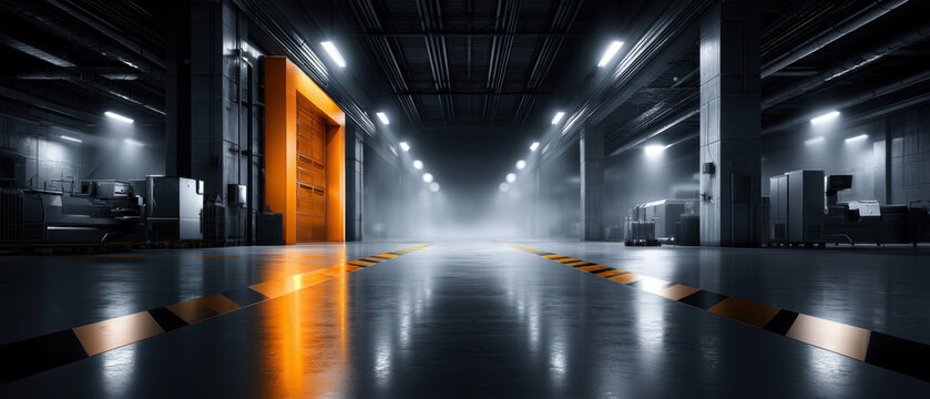 Industrial warehouse interior loft with machinery and equipment, blurred background