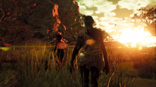Homo erectus primitive man in African landscape during golden hour sunrise, human evolution concept and ancestral prehistoric species.