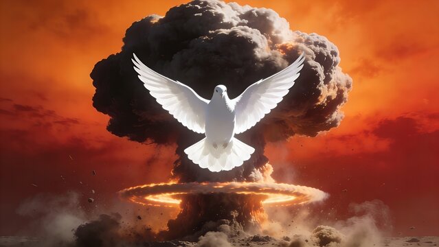 White Dove of Peace Flying in Front of a Nuclear Explosion Mushroom Cloud