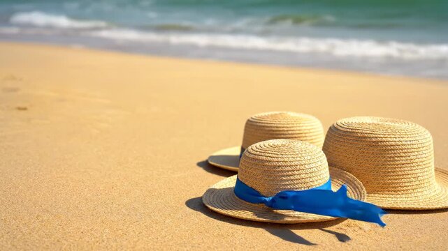 Straw hats arranged on sandy beach with ocean waves. Process of tying blue ribbon around one hat. Summer accessory decoration for tropical vacation concept