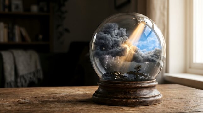 Snow globe containing personal storm of dark clouds with single golden sunlight shaft clearing interior, surreal depression lifting hope concept mental health vertical editorial