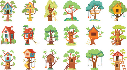 Fototapeta premium Colorful treehouse and house illustrations set Vector