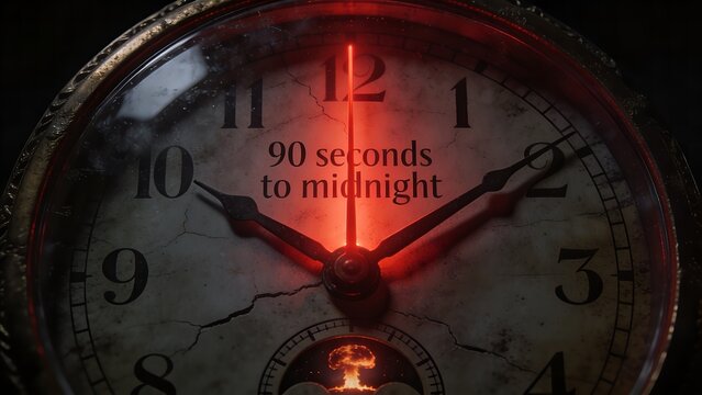 Doomsday Clock Concept Showing 90 Seconds to Midnight with Nuclear Explosion Symbol