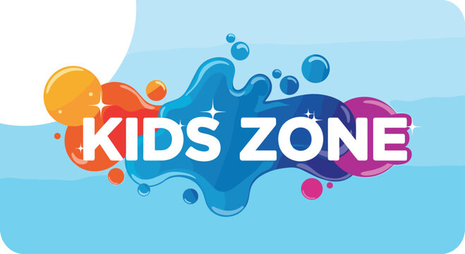 Vibrant kids zone logo with bold white text surrounded by colorful blue and purple bubbles on a light blue gradient background.