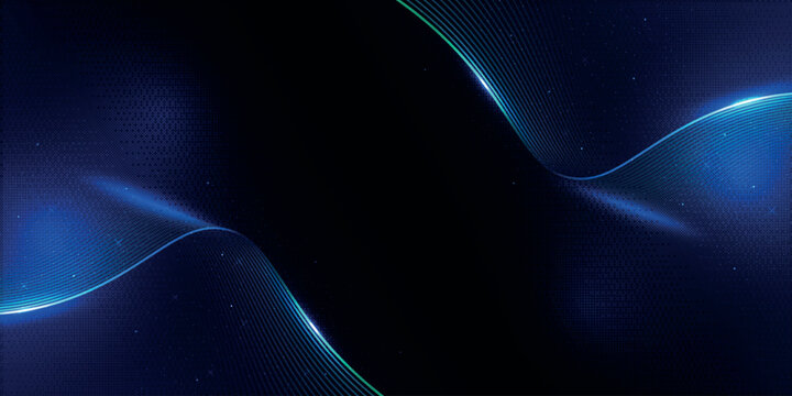 Futuristic blue wave lines with glowing particles on dark digital background