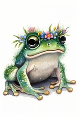 Fototapeta premium Cute watercolor frog with flower crown illustration, adorable kawaii toad floral wreath clipart, funny garden animal art isolated on white background