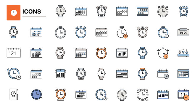 Extensive set of flat line icons representing time management tools like clocks, calendars, stopwatches, and planners in blue tones.