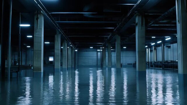 Water filling an empty dark industrial interior, reflecting overhead lights and concrete pillars, creating a quiet and abandoned atmosphere with cold tones