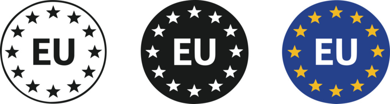 Set of European union flag circle icons with stars and EU letters