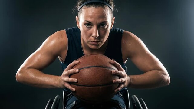  Intense portrait of a determined female wheelchair basketball player
