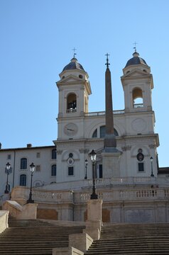 Rome, Italy 09.09.2020: The monumental staircase (Scalinata di Trinit&agrave; dei Monti) and the Church of the Trinity of the Mountains in Rome