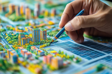 Urban planners sketching eco-friendly city layouts, solar panels, and green roof © erika8213