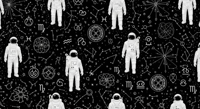 astronaut exploring starry sky with constellations and zodiac symbols
