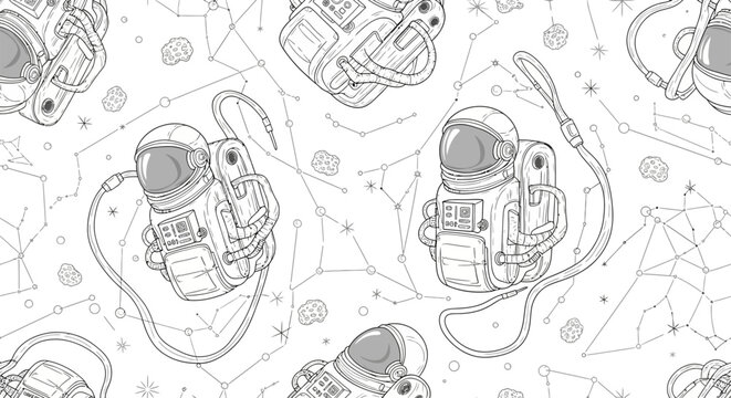 astronaut pattern spaceman floating in constellation background with asteroids