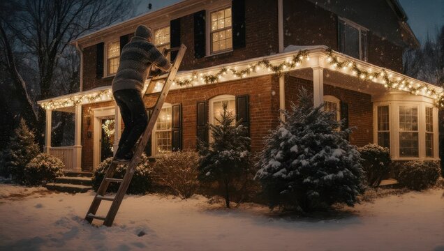 Man on ladder decorating house with Christmas lights and garlands in winter.
