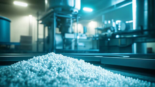 Polymer granules forming a heap on a surface, with industrial machinery and blur in the background, illustrating specialized manufacturing processes and materials
