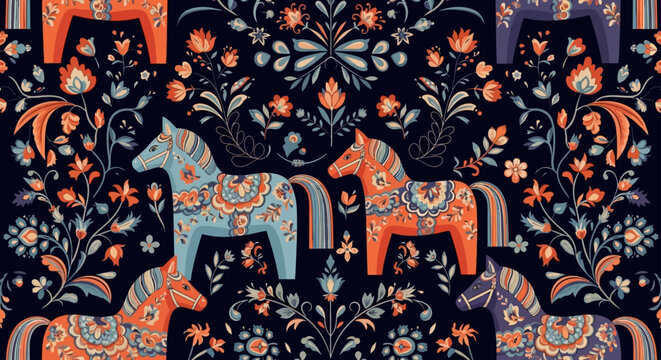 traditional norwegian folk art horses and floral patterns scandinavian heritage