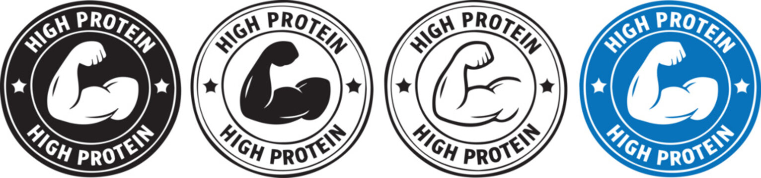 Set of four circular high protein fitness labels with muscular arm icon