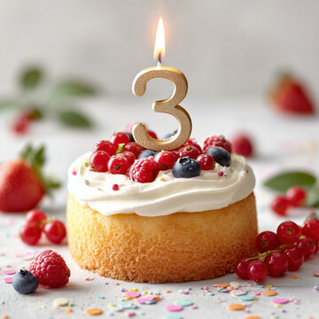 Festive cake with burning number three candle, white cream and berry topping. Suitable for child's third birthday, company founding anniversary, wedding celebration, memorable date events.