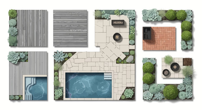 top view landscape design plans illustrating diverse backyard layouts swimming pools and modern outdoor living spaces