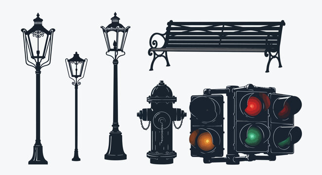 urban street elements vintage lampposts traffic lights fire hydrant park bench classic city infrastructure vector.
