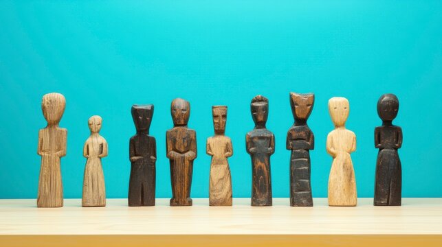 Row of diverse wooden figurines against a teal background.