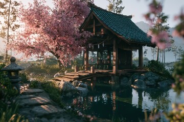 Obraz premium Serene Japanese garden with a wooden shrine, blooming cherry blossoms, and tranquil water reflections.