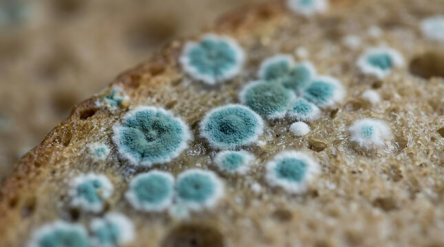 Mold on bread Close-up view of blue and green mold colonies growing on a slice of bread