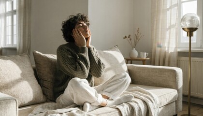 Fototapeta premium Young woman meditating on couch at home