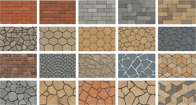 Collection of seamless stone and brick wall textures with various paving patterns for architectural design and 3D modeling vector