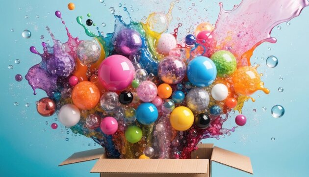 Colorful spheres and paint exploding from box