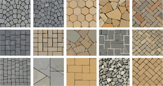 Collection of various paving stone textures and patterns including cobblestone, brick, and pebble designs for architectural landscaping vector illustration