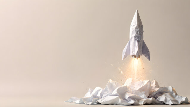 Crumpled Paper Rocket Launching For Startup Innovation And Growth Concept